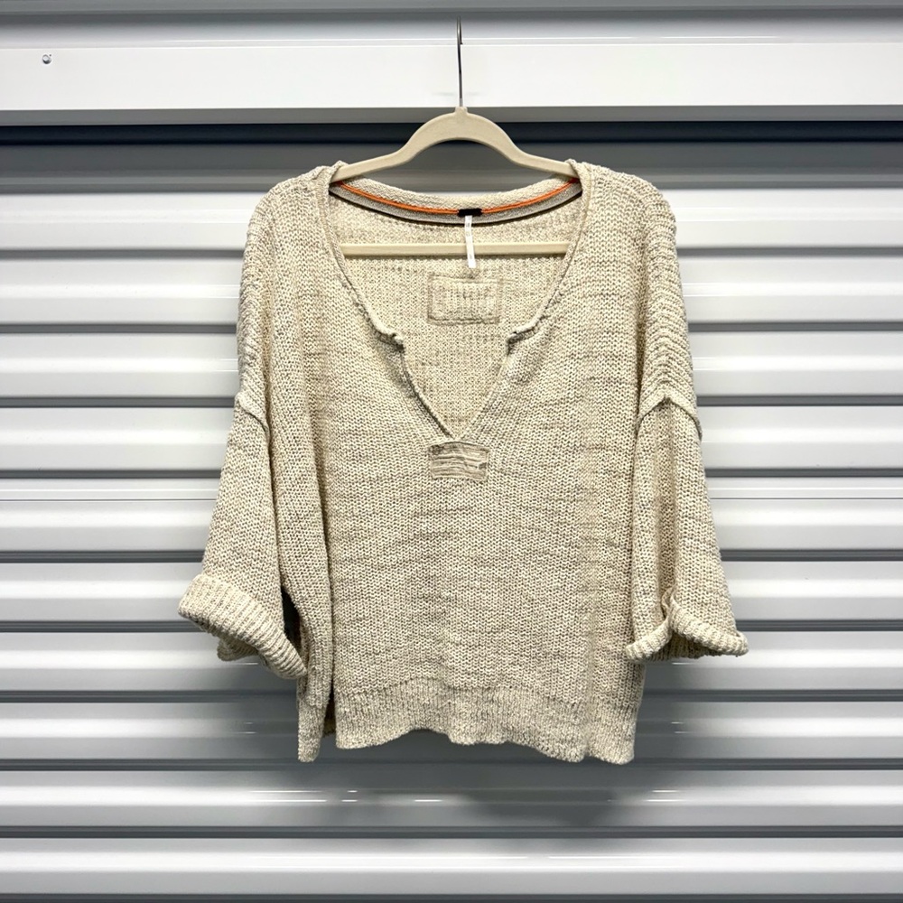 Free People Cream Knit Henley Pullover Sweater Size L